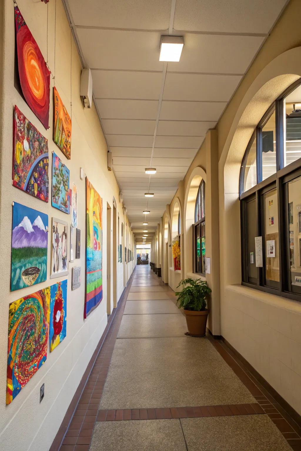 Vibrant art pieces inject personality into this long entryway.