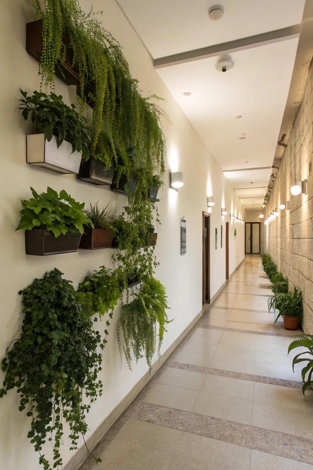 Greenery delivers a rejuvenating and energetic vibe to a hallway.