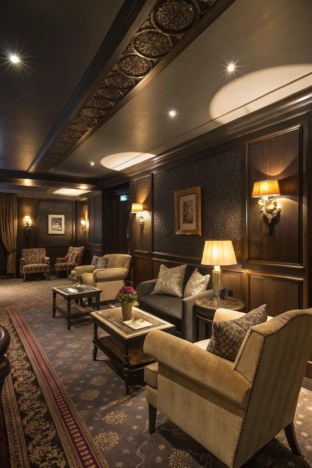 A dark-colored living room that provides a comfortable, cocoon-like atmosphere.