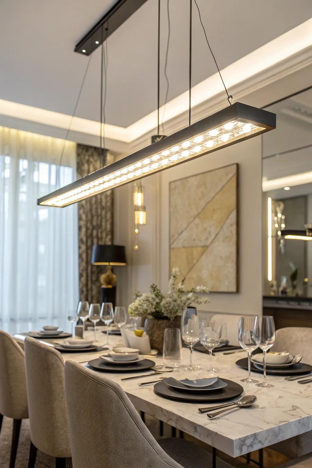 A sleek linear pendant lamp positioned above a dining table.