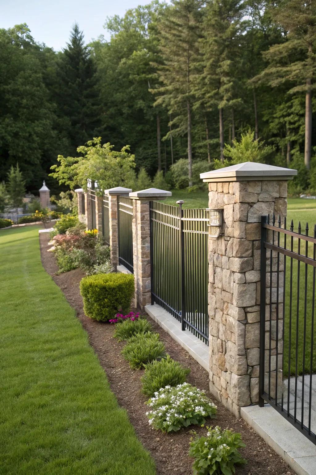 Stone pillars combined with metal panels form a resilient yet refined front yard barrier.