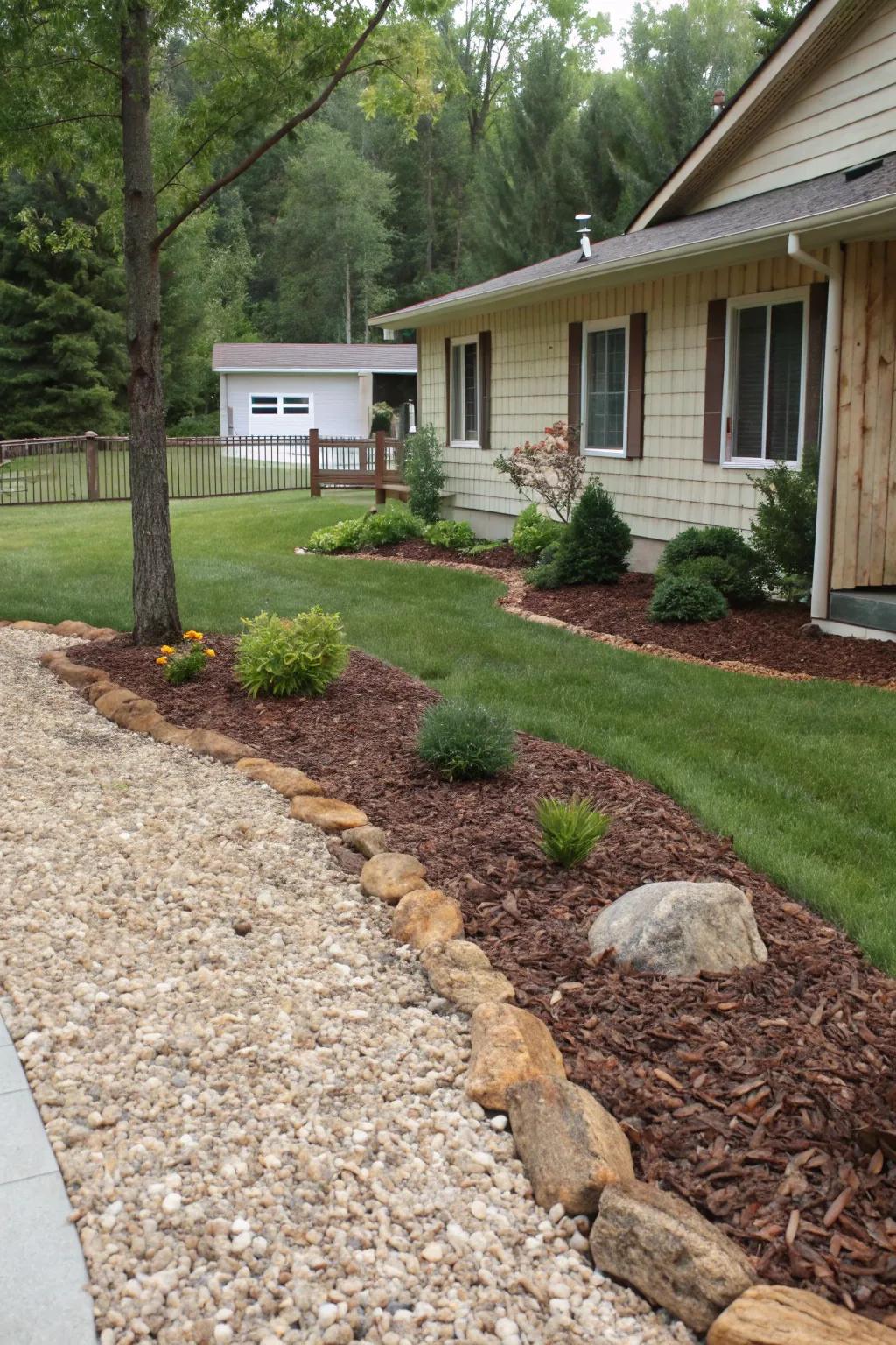 A front yard showcasing a textured combination of mulch and gravel.