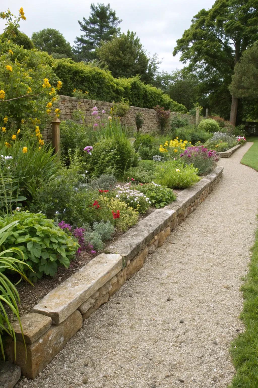 Defined garden areas fashioned with stone edging for a refined appearance.