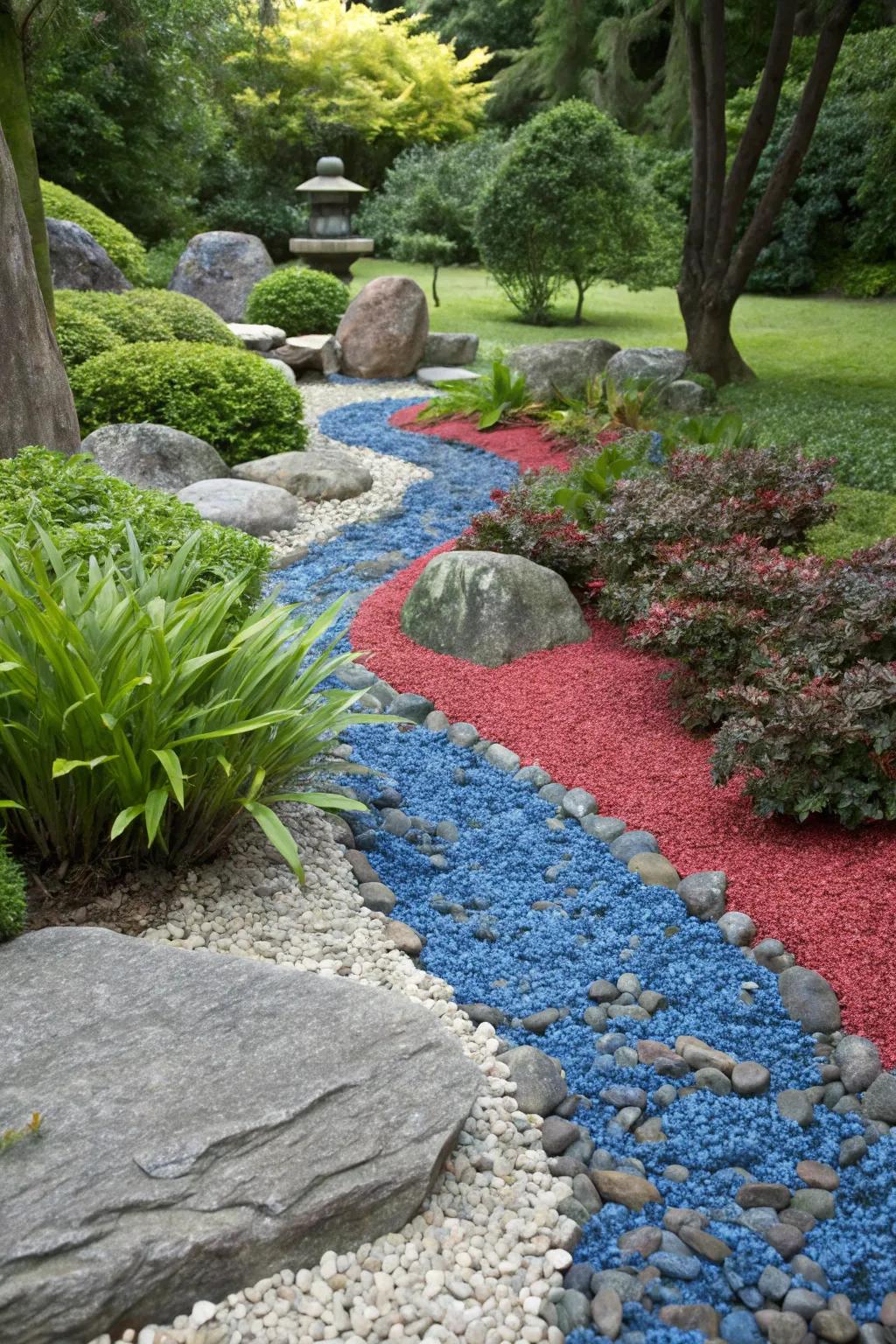 Colorful rock pieces add brightness to a rock garden.