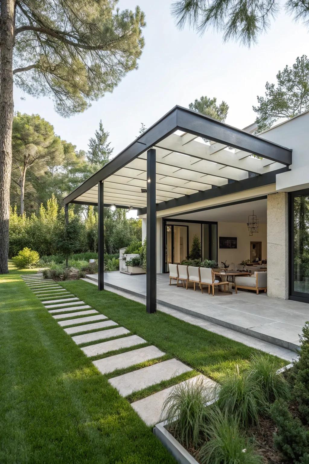 A modern architectural gazebo in a luxurious garden setting.
