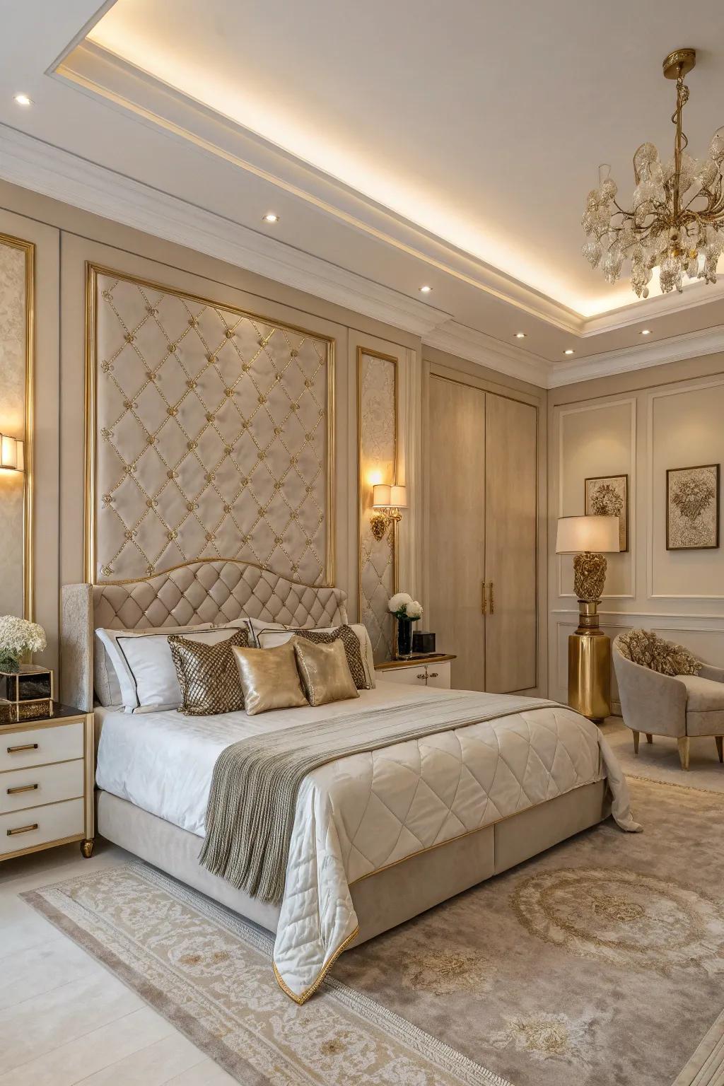 A deluxe bedroom featuring a refined color scheme showcasing neutral shades and metal accents.