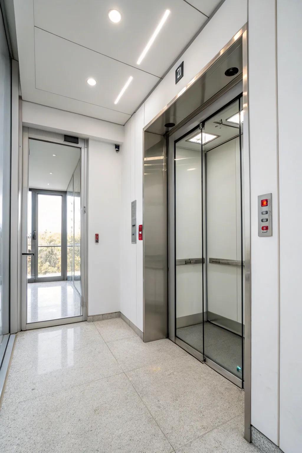 A minimalist strategy for elevator design highlights simplicity and space.
