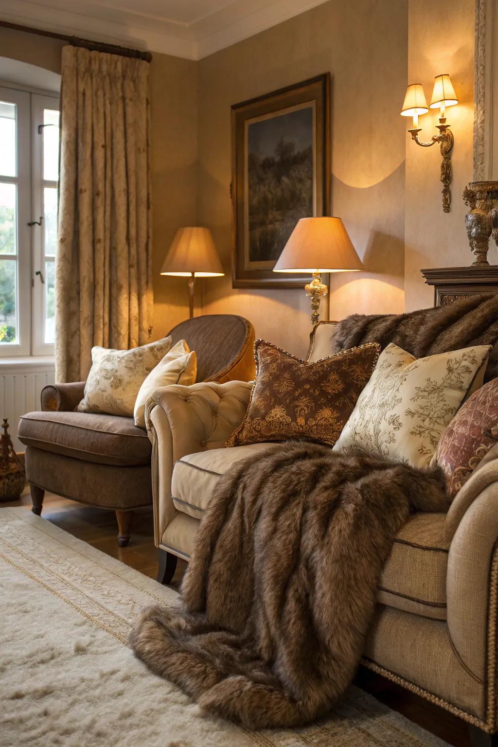 Deep textures such as faux fur and silk emphasize the luxurious feel of this living space.