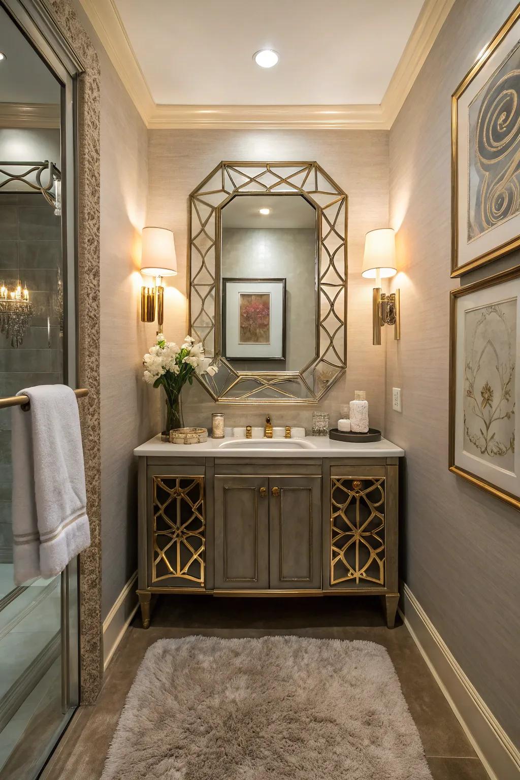 Expressive mirrors inject theatrics and refinement into this washroom.