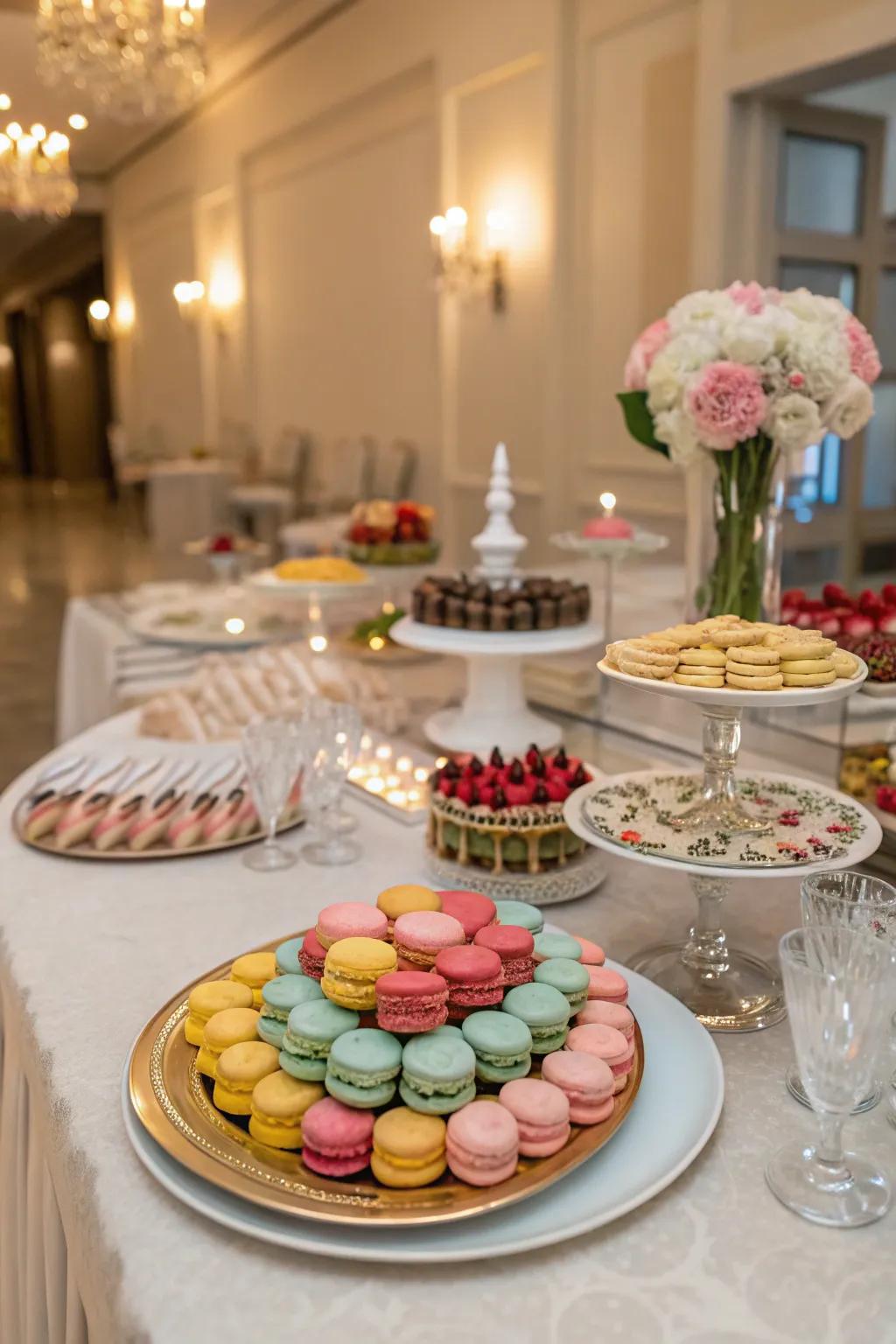 A sweet treat station showcasing macarons along with various candies.