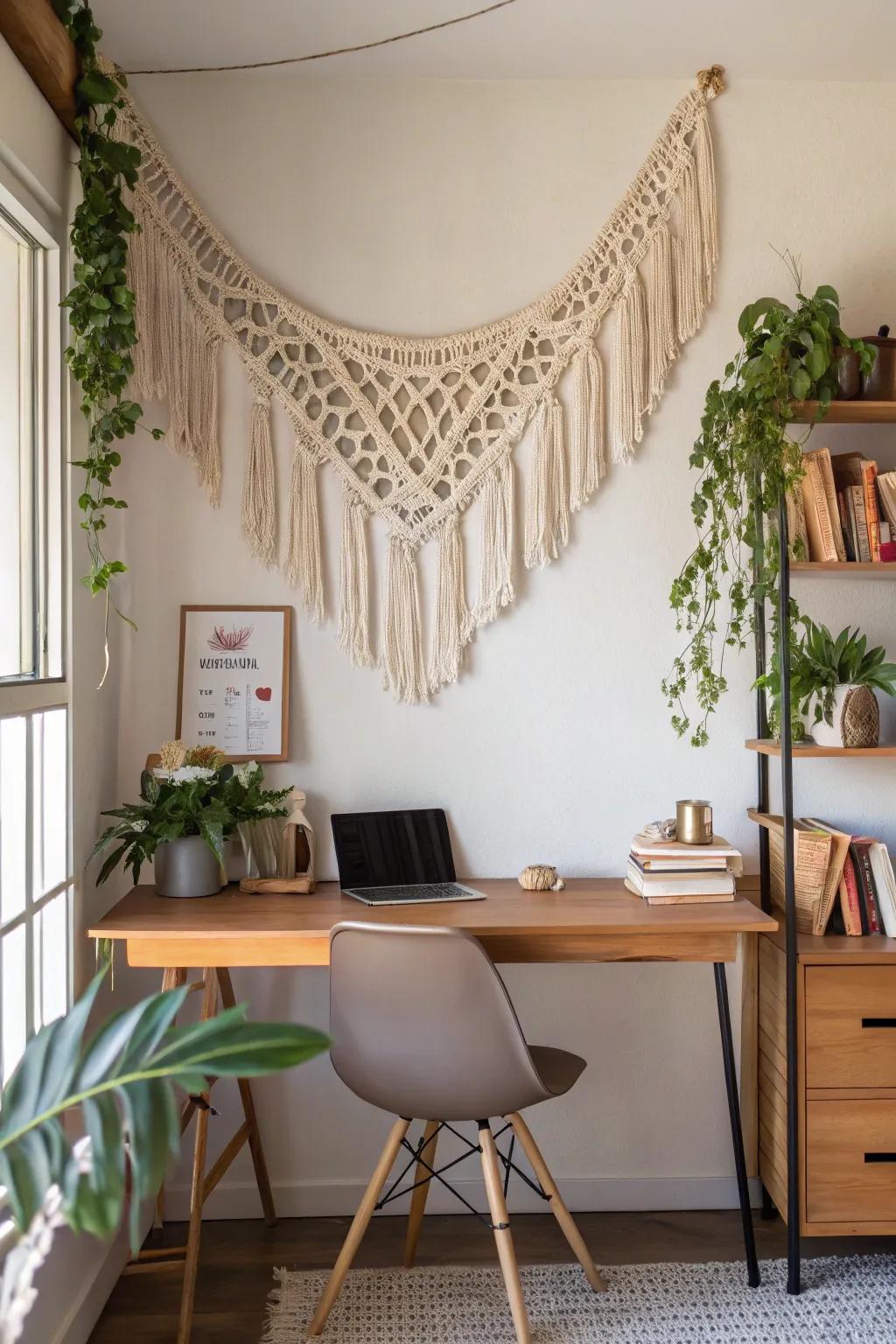 Playful macrame strands permeating a room with inventiveness.