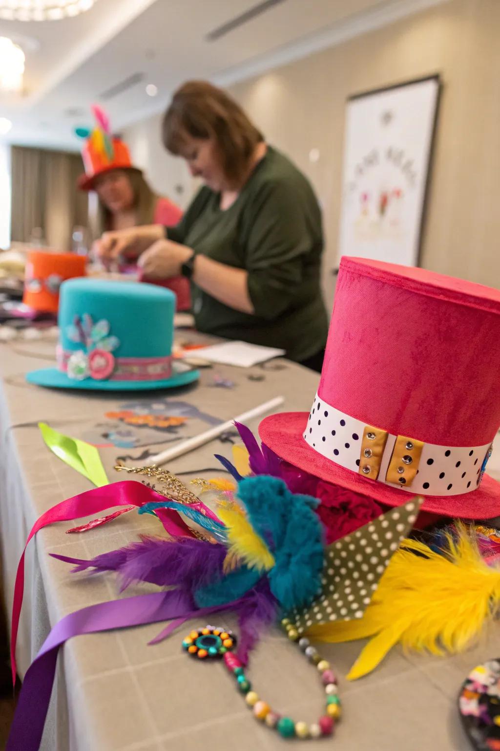 A creative corner equipped with supplies for decorating unique Mad Hatter hats.