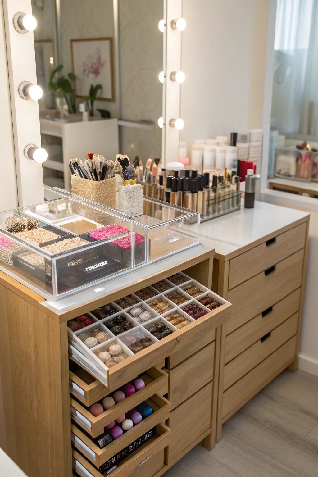 Elegant organizing solutions maintain an orderly space.