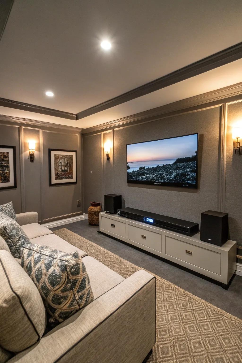 A miniature entertainment arrangement is ideal for film evenings or gaming sessions.