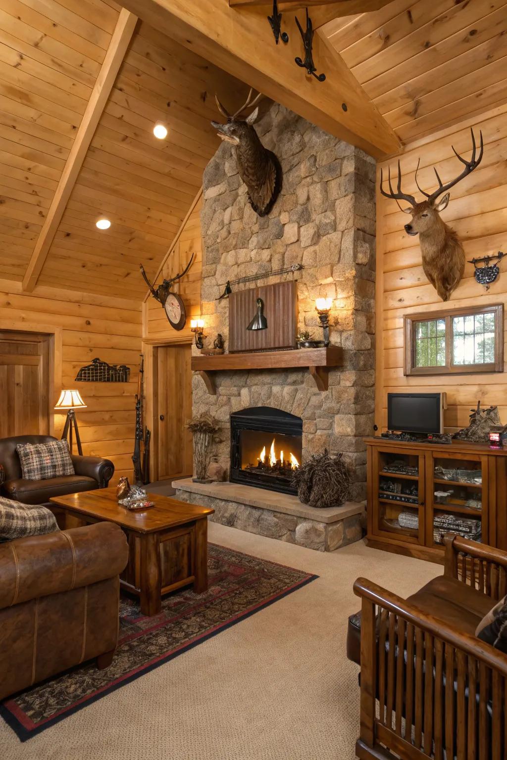 Embrace the coziness of a rustic hunting lodge as your man cave.