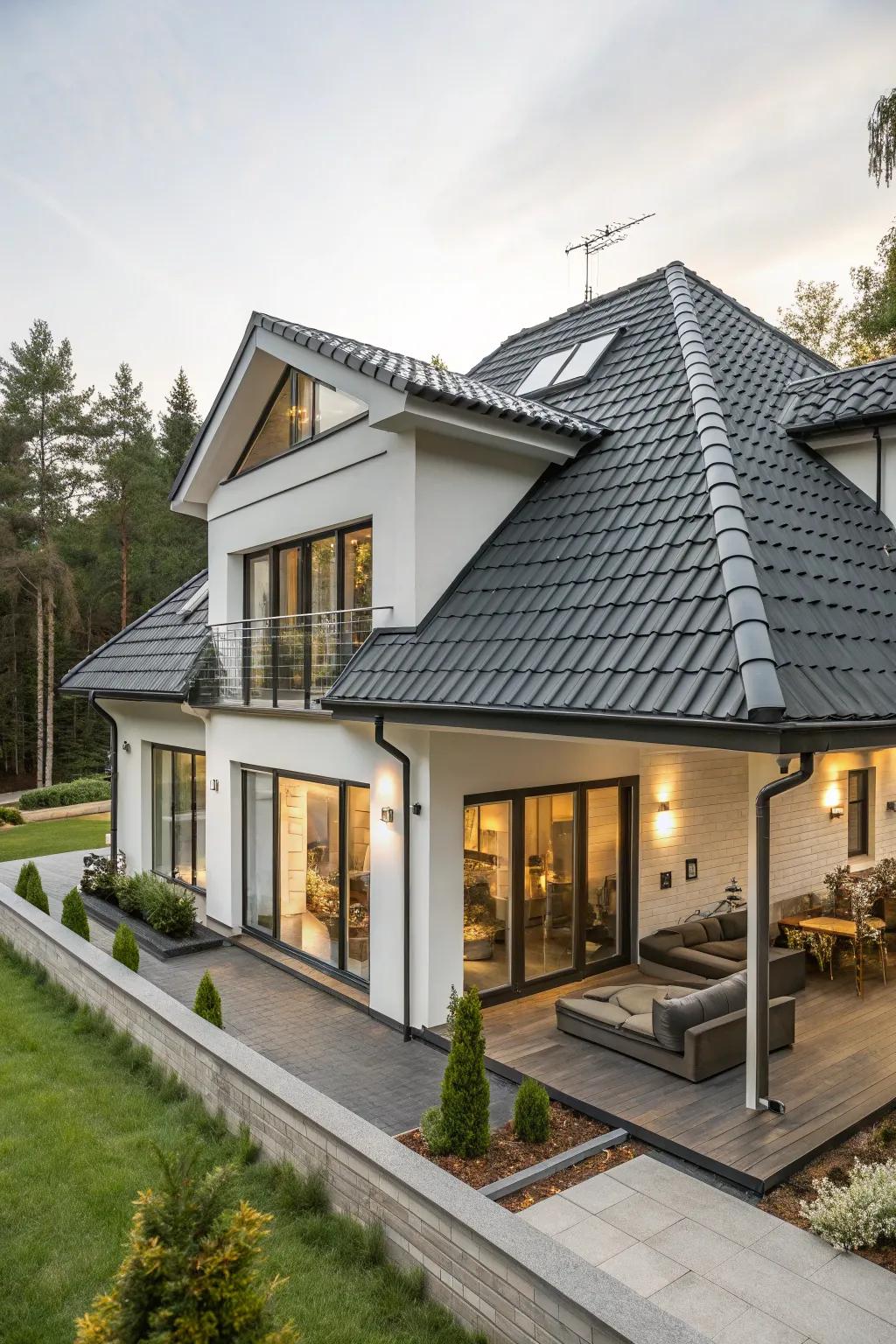 This mansard roof offers a modern twist thanks to synthetic tiles.