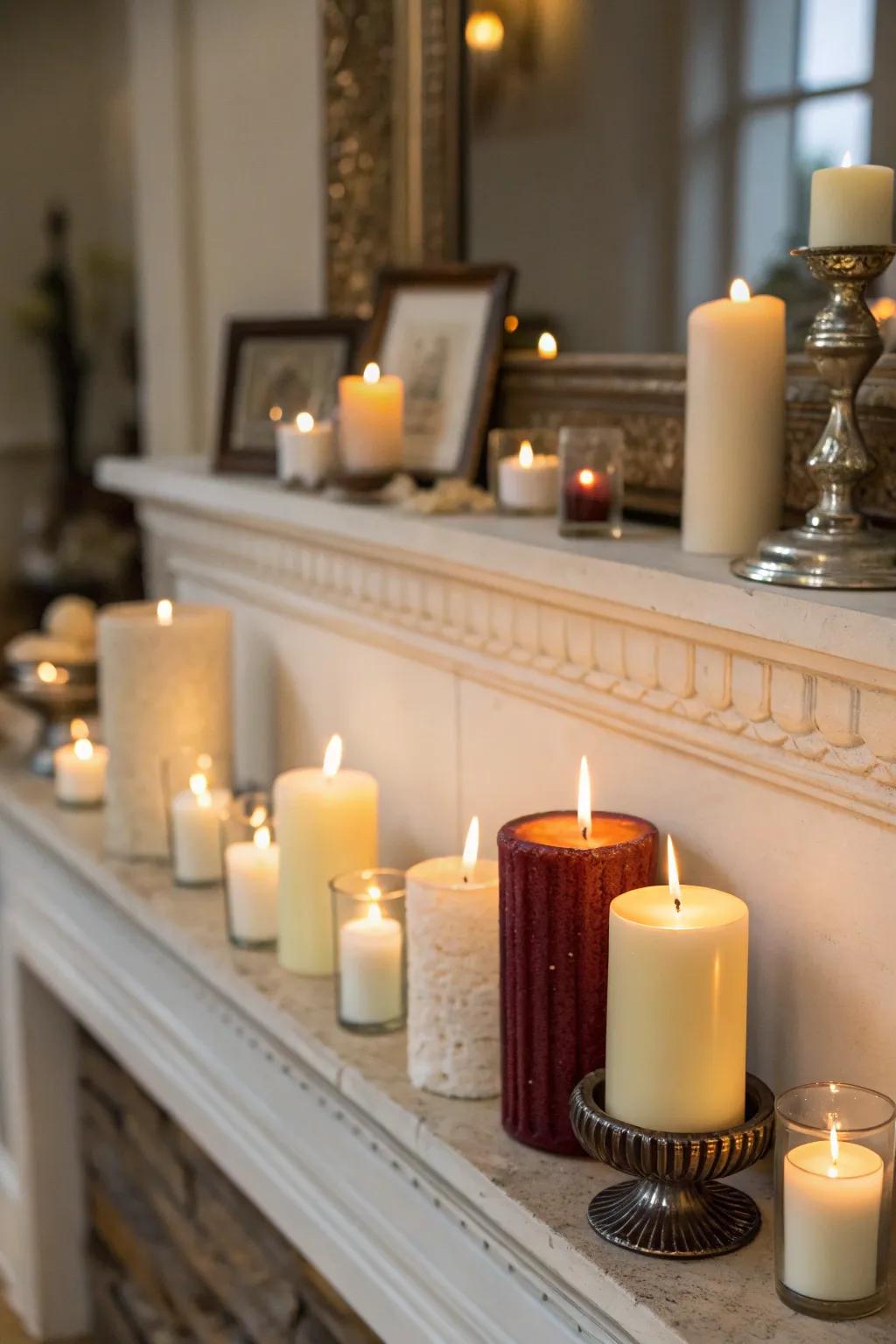 Candles of differing dimensions create a cozy and appealing atmosphere on this mantel.