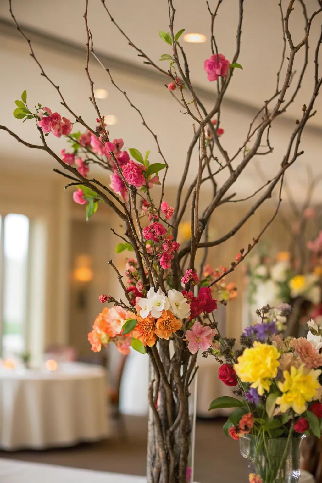 Newly cut blossoms infuse a sense of romance into this manzanita centerpiece.