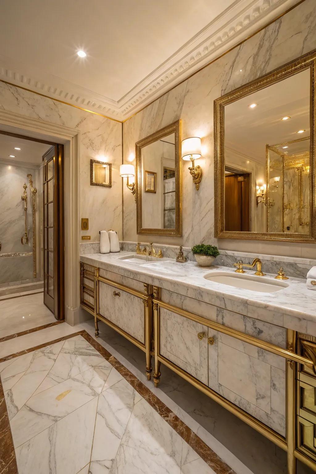 Gold finish hardware imparts a hint of opulence to the marble ambiance.
