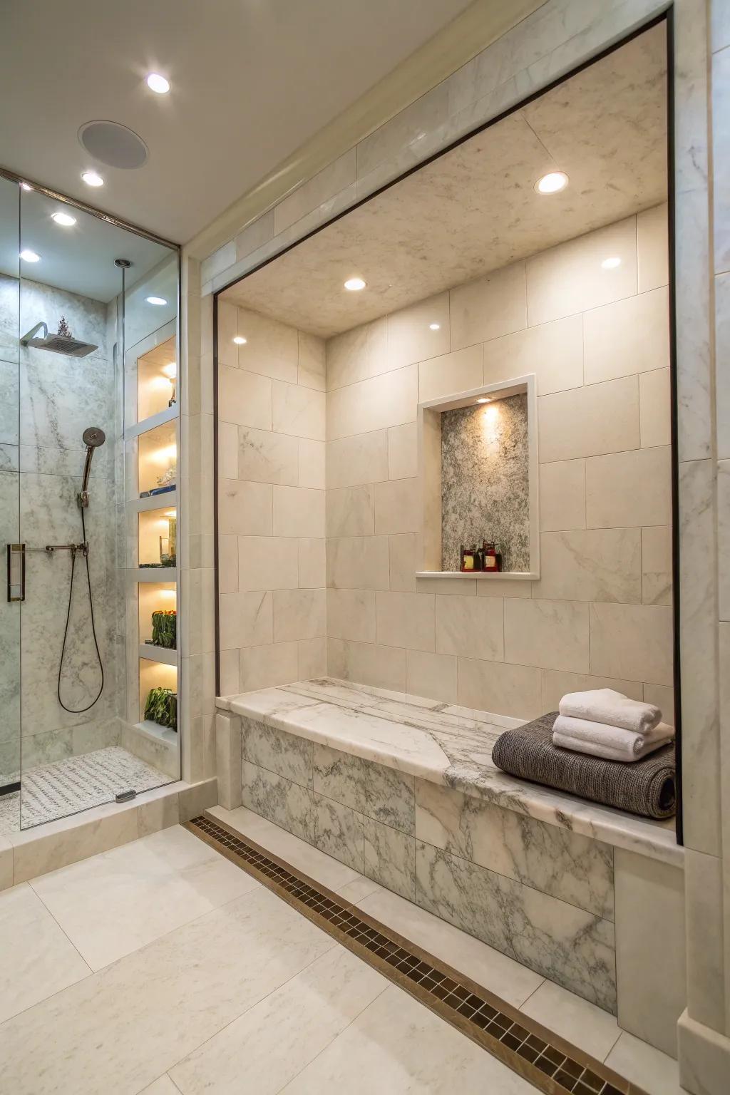 A floating stone bench under the alcove elevates the shower experience.