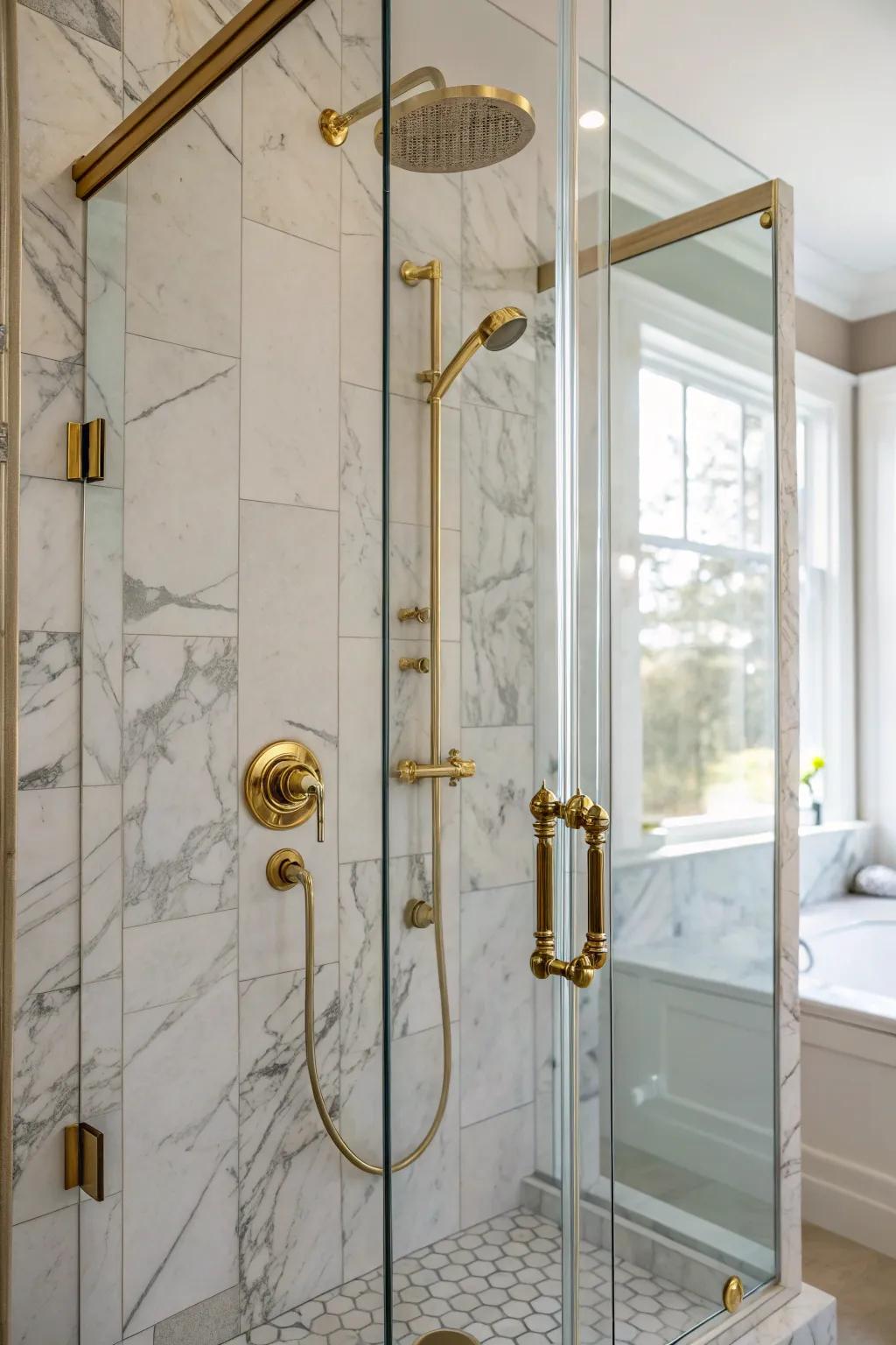 Brass accents amplify the luxury of stone tiles.