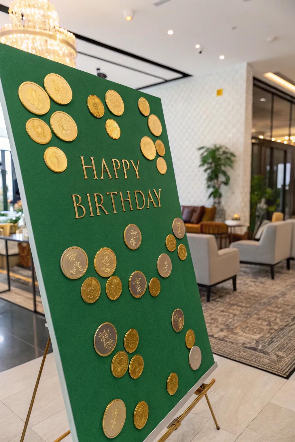 Golden disks contribute a touch of opulence to this March birthday display.