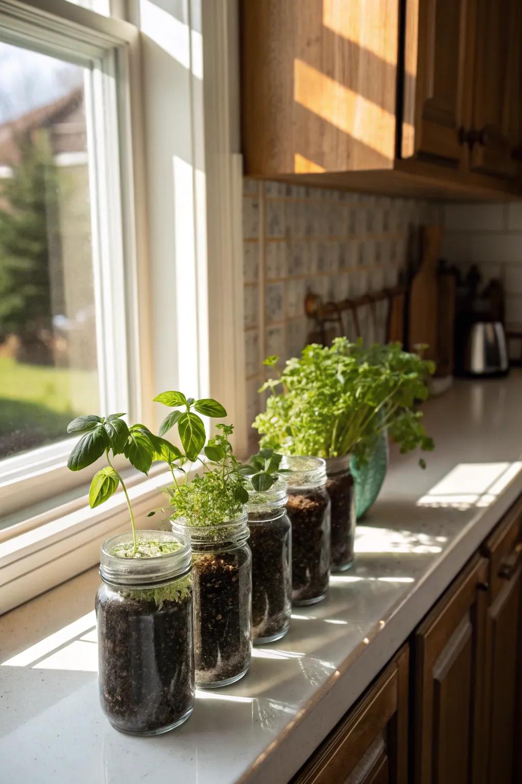 Seasoning-filled utility canisters providing crisp greenery in the cooking area.