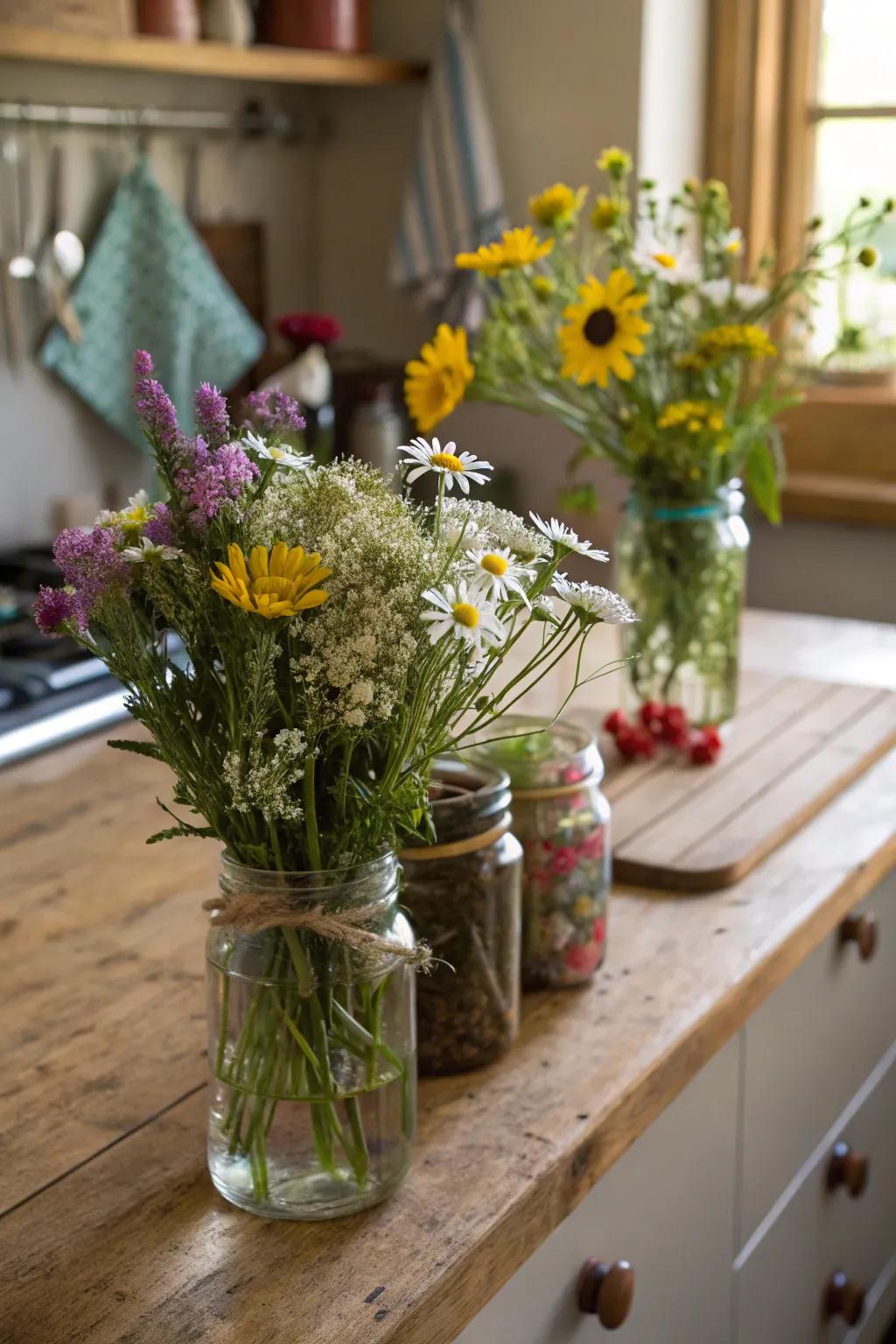Welcome the outside in with country-style flower displays.