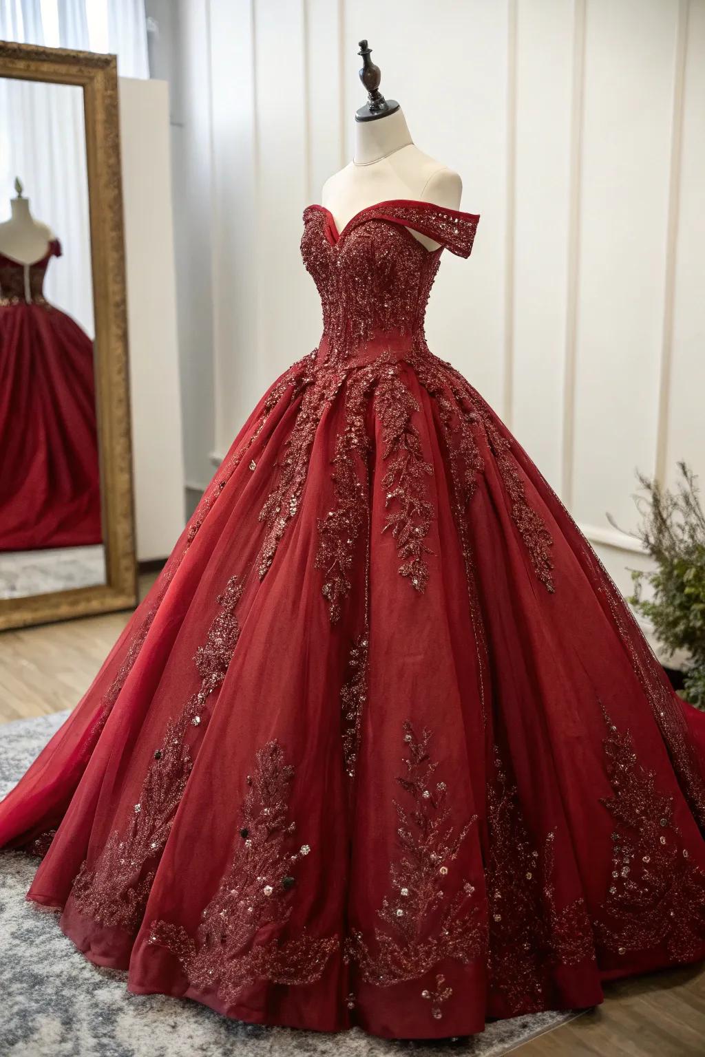 A breathtaking ball gown prepared for a masquerade quinceañera.