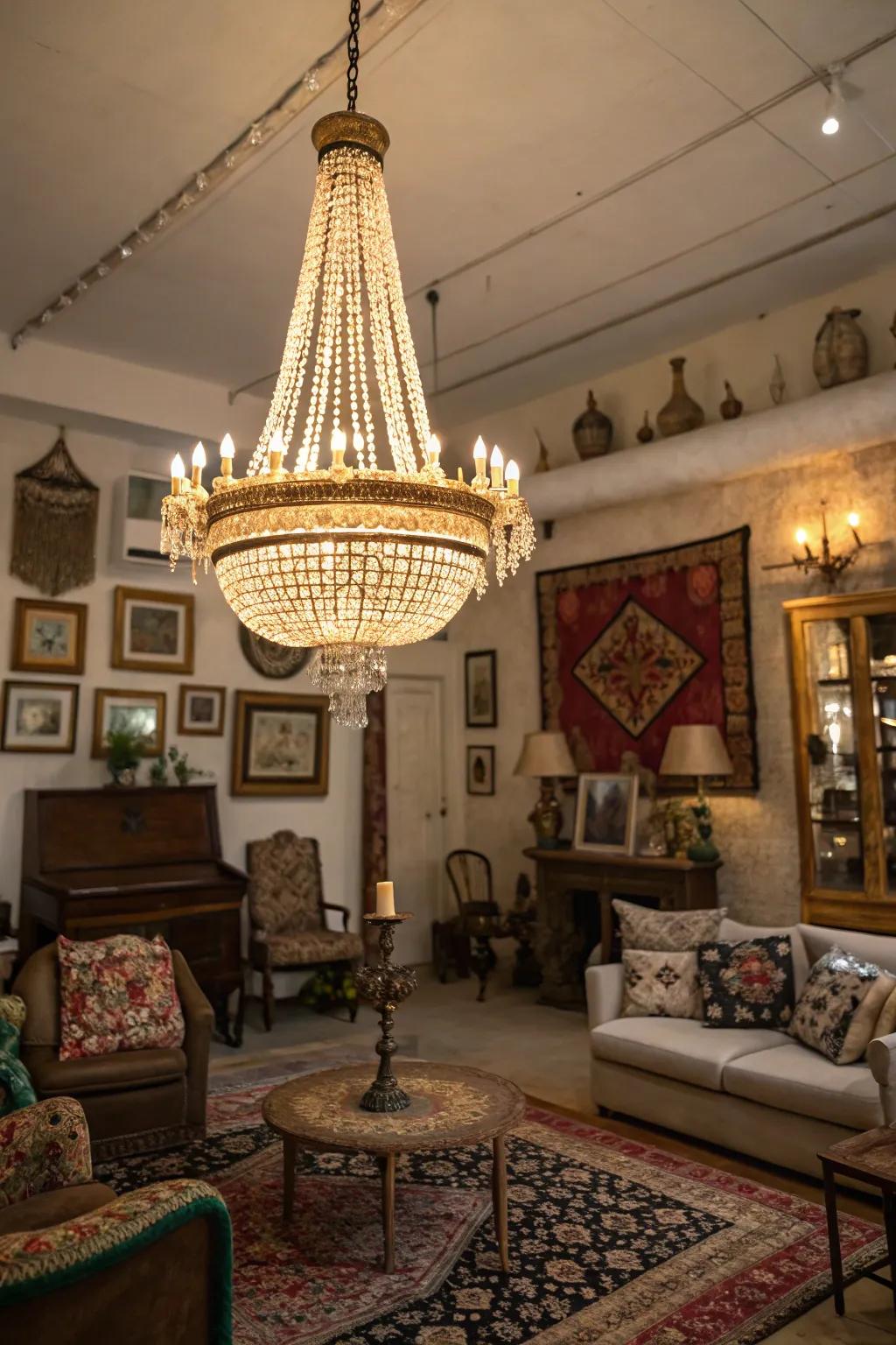A vintage chandelier lends refinement to this maximalist space.