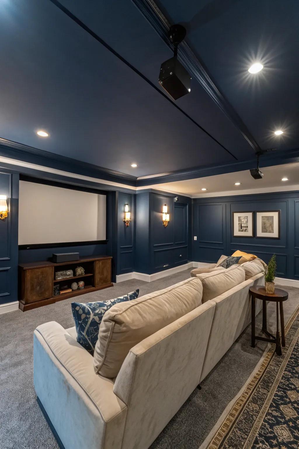 A tranquil media room bathed in navy blue, perfect for unwinding.