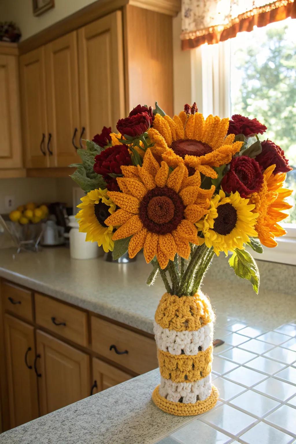 Woven sunflowers offer timeless beauty and happiness.