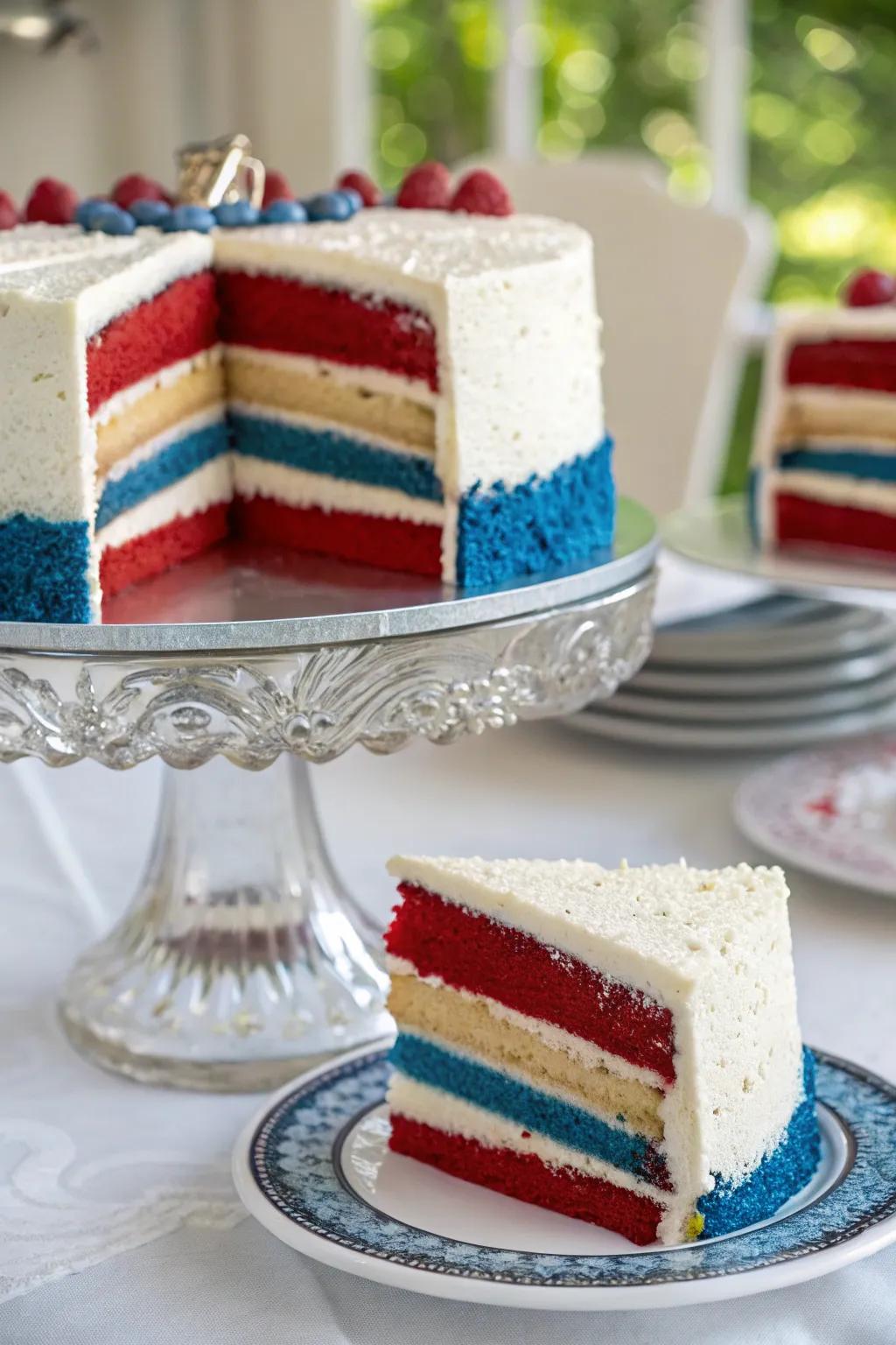 A multi-layered cake that surprises and delights with its concealed patriotic hues.