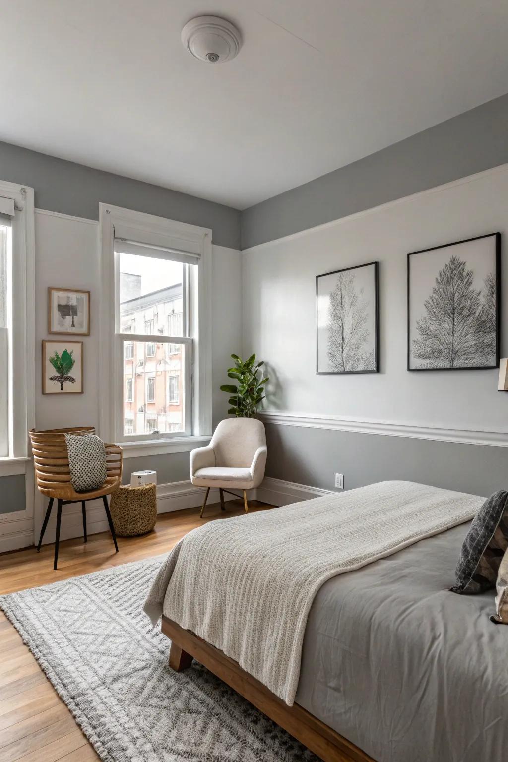 In this grey-themed bedroom, half-painted walls add a contemporary contrast.