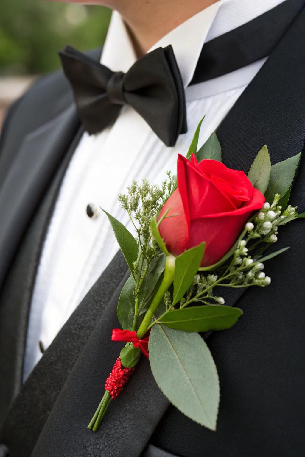 A striking crimson rose boutonniere makes a romantic statement.