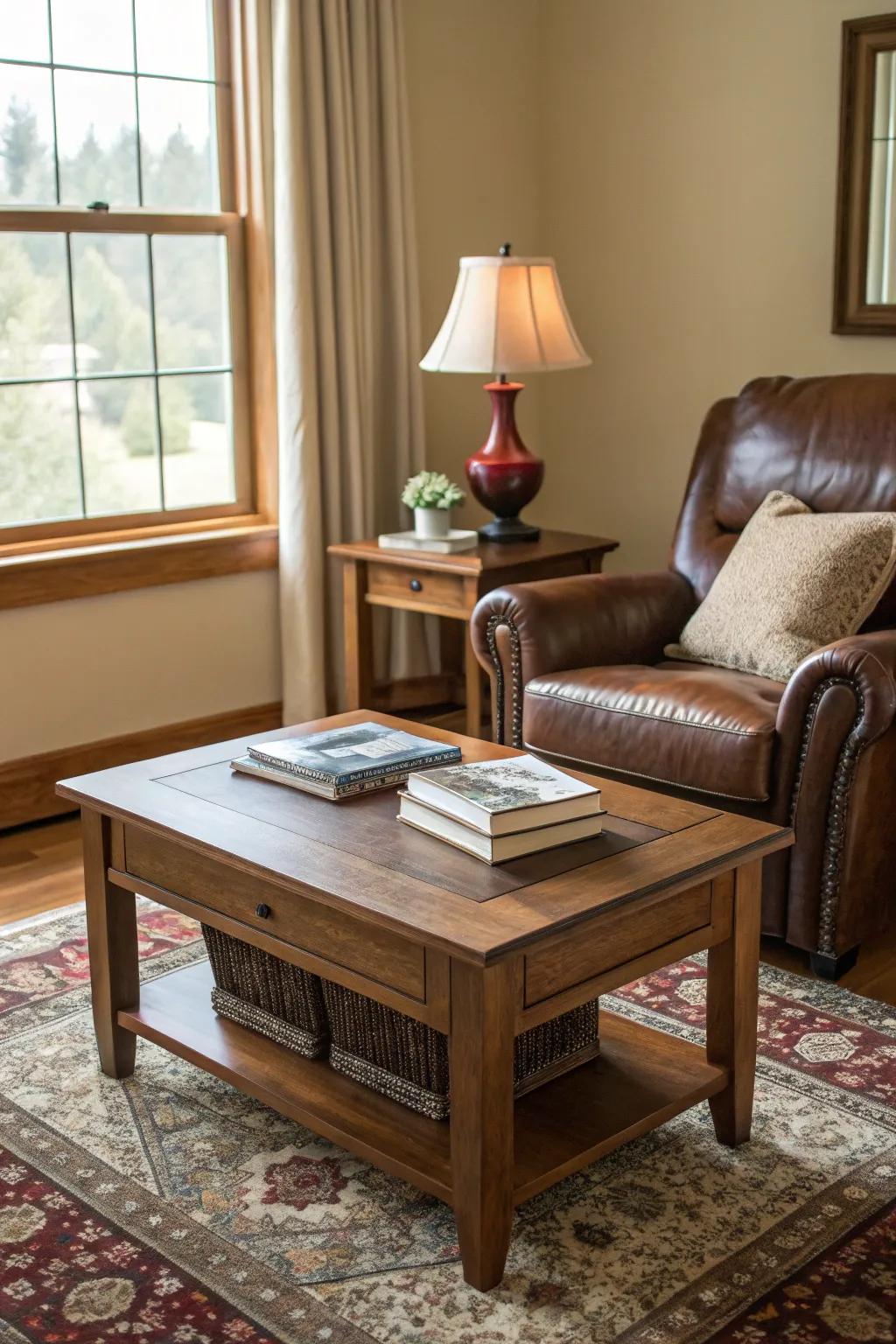 Textured fabrics like wood and hide deepen the room’s appeal.