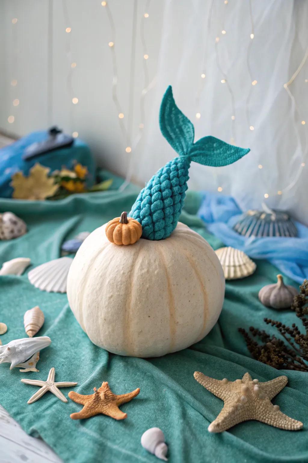 A mermaid tail ornament offers a playful feel to your pumpkin.