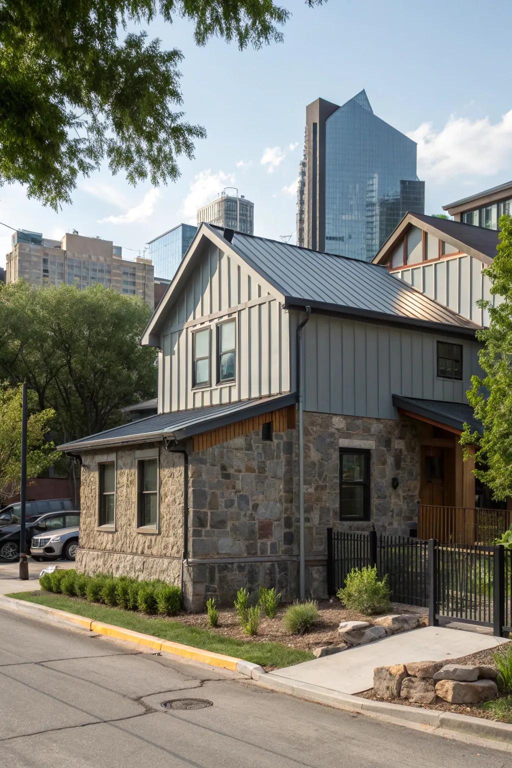 An urban dwelling masterfully uniting metal cladding with stone features for added texture.