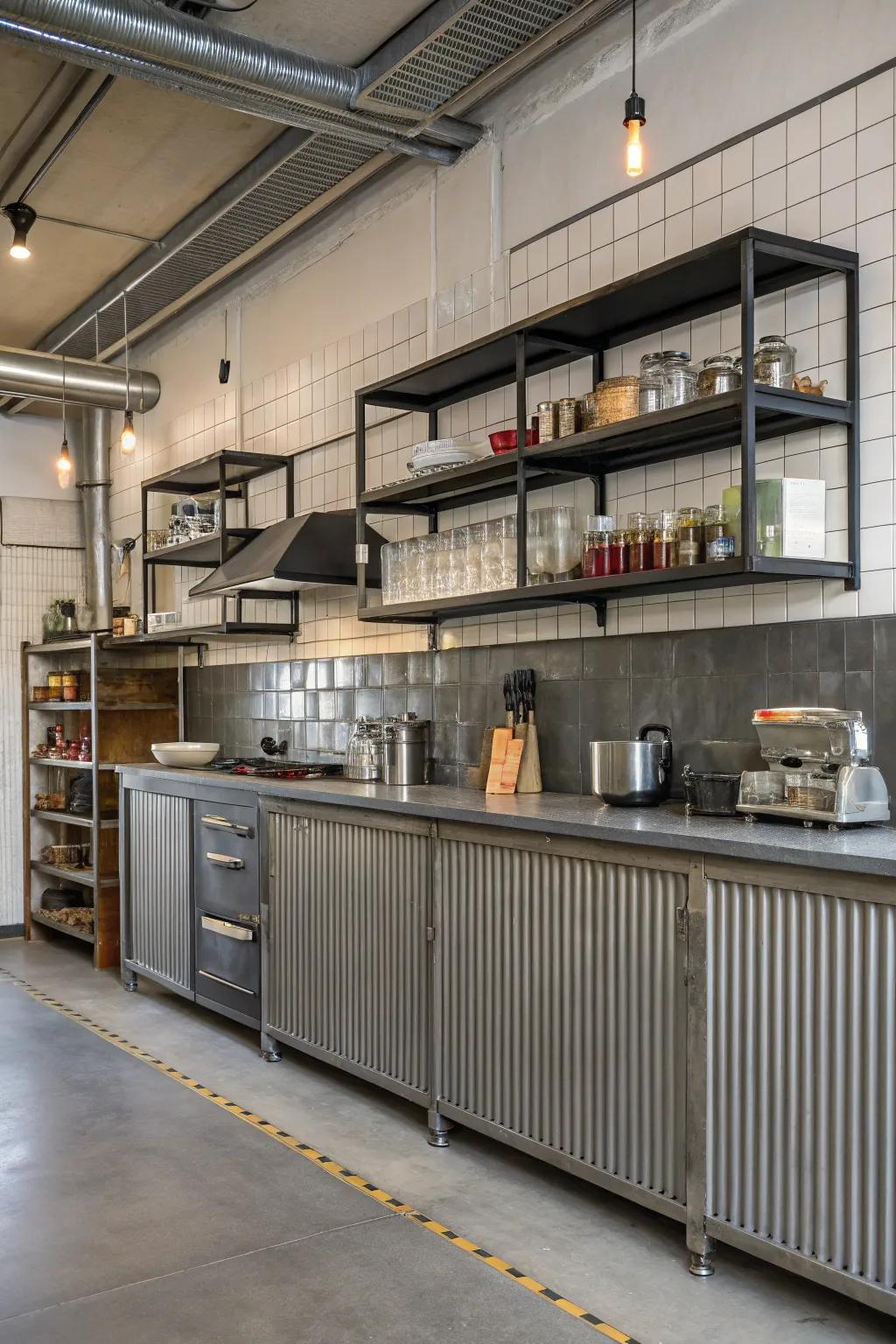 Metallic wall paneling delivers industrial appeal to your cooking area.