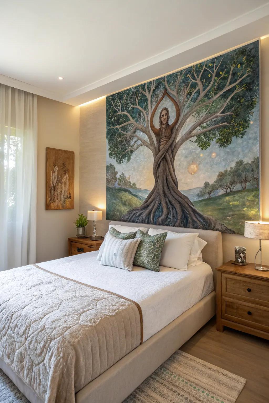 A human figure integrates with a tree, celebrating unity with the natural world.