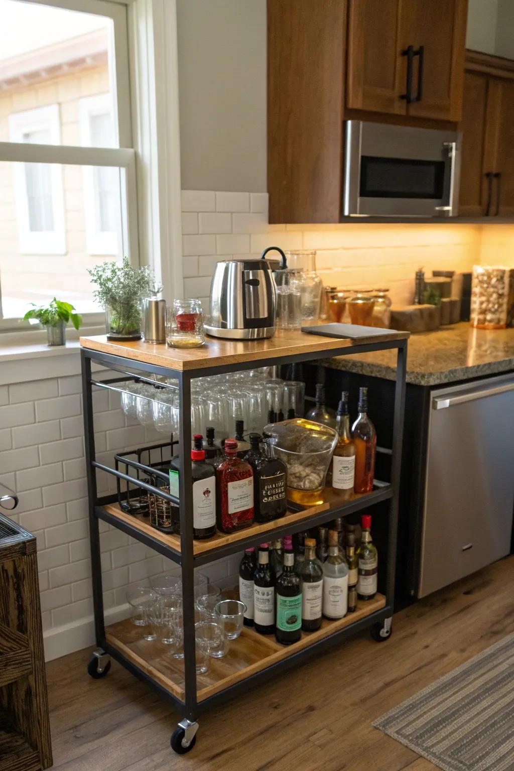 A mobile microwave cart that is ideal for hosting gatherings.