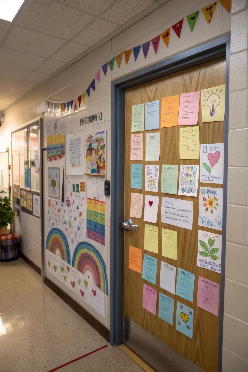 Motivational prompts skillfully integrated into classroom door embellishments.
