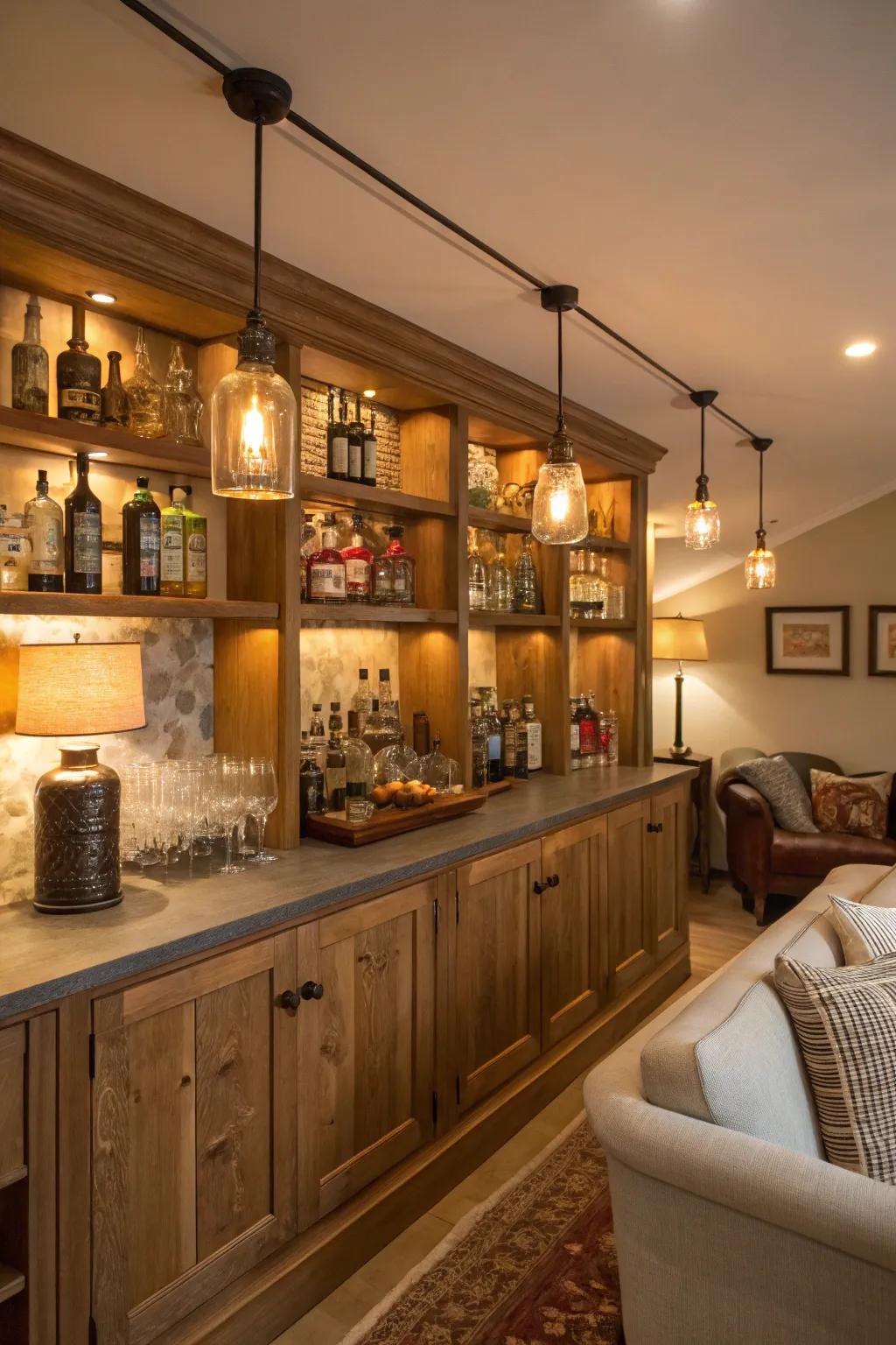 Ambient lighting introduces warmth and charm to a home bar setting.