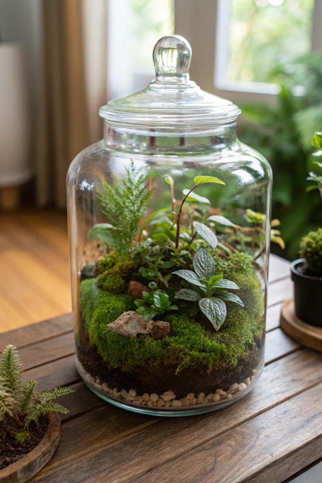 A mesmerizing terrarium displaying abundant greenery and moss.