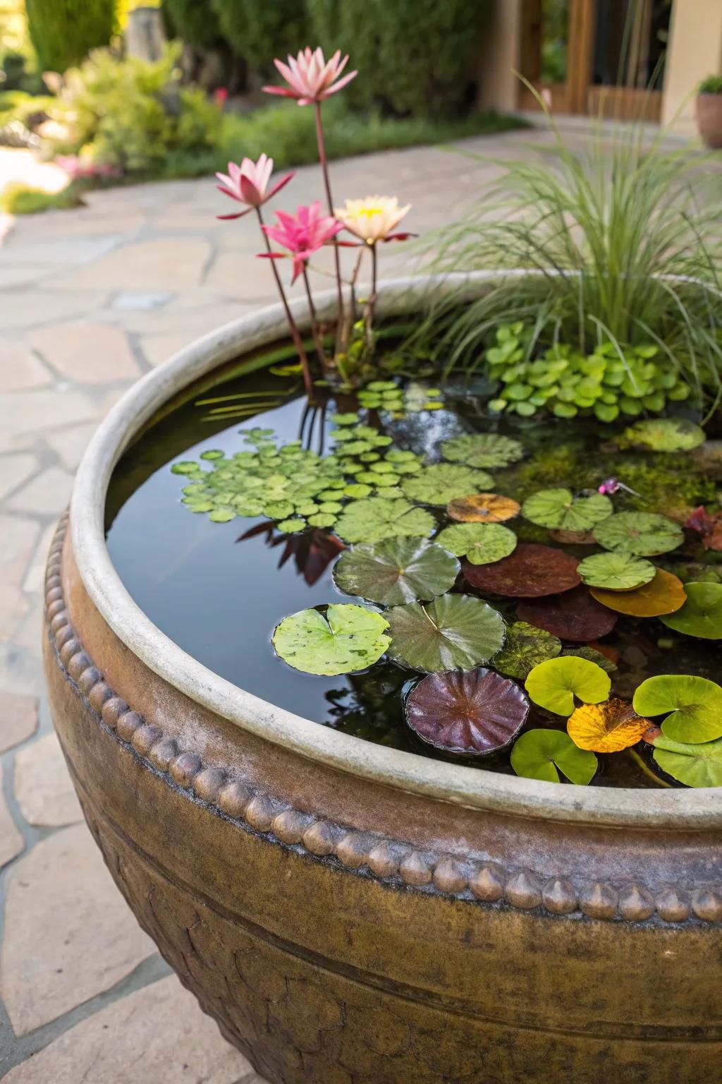 A ceramic vessel turned into an enchanting mini pond.