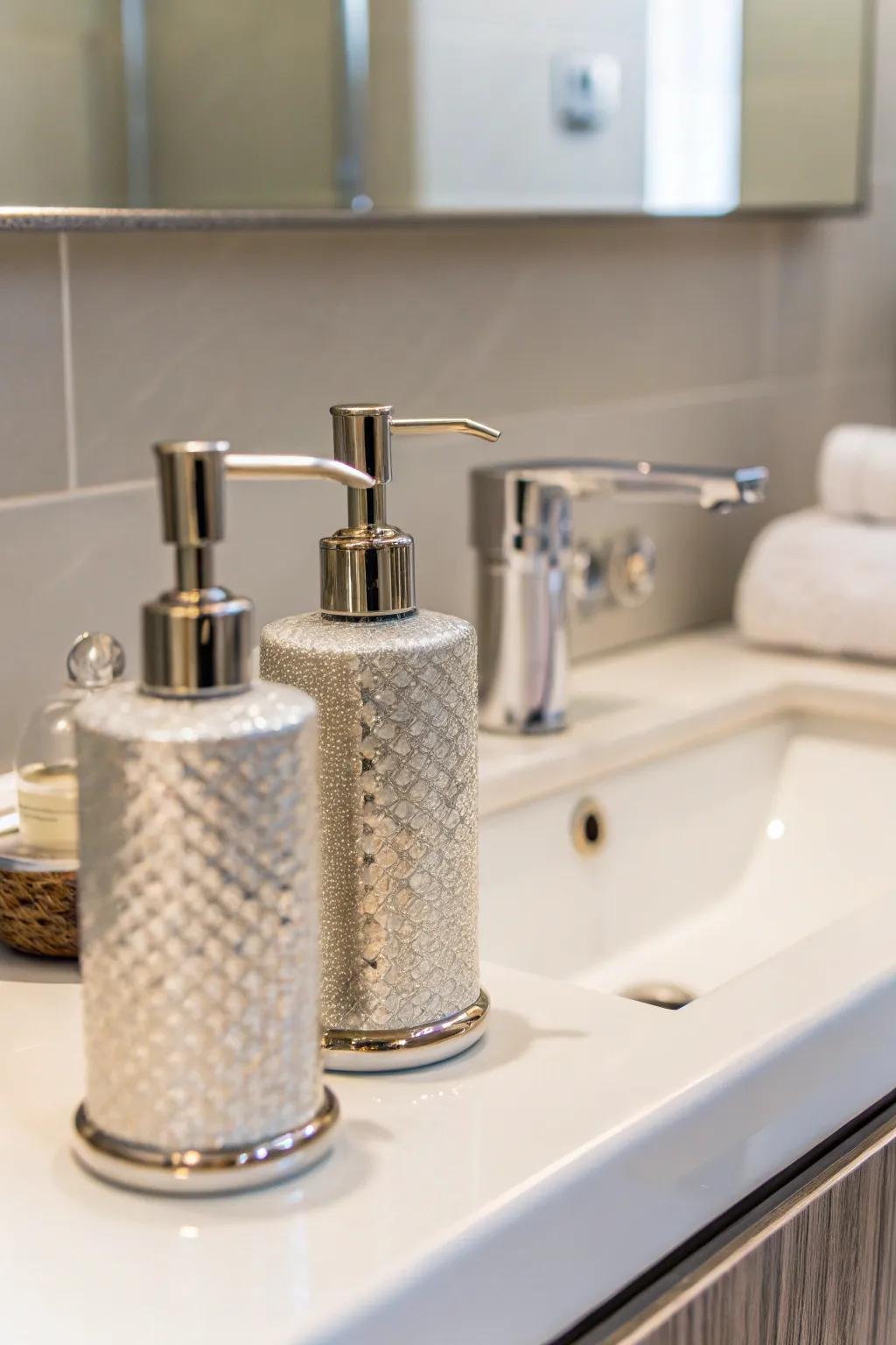 Coordinating hand wash holders contribute a dash of elegance to the bathroom's design.