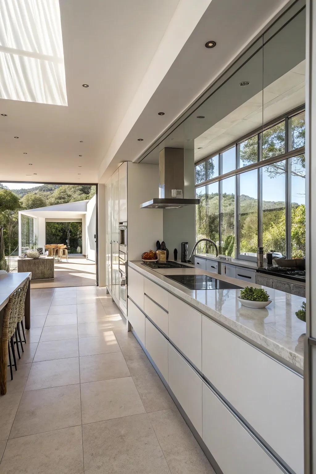 A small kitchen is transformed into a spacious area with a full mirrored wall.