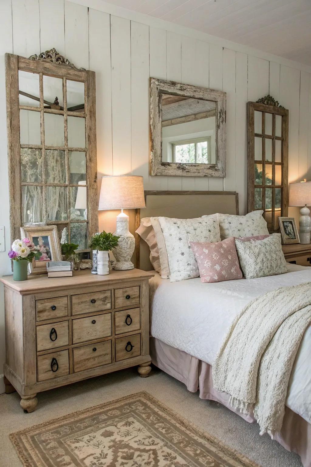 Antiqued reflectors append country warmth and coziness to the bedroom.