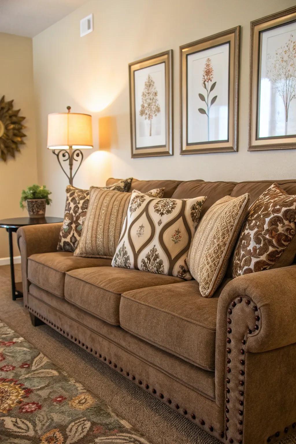 Ornamental accents infuse character into the cocoa sofa area.