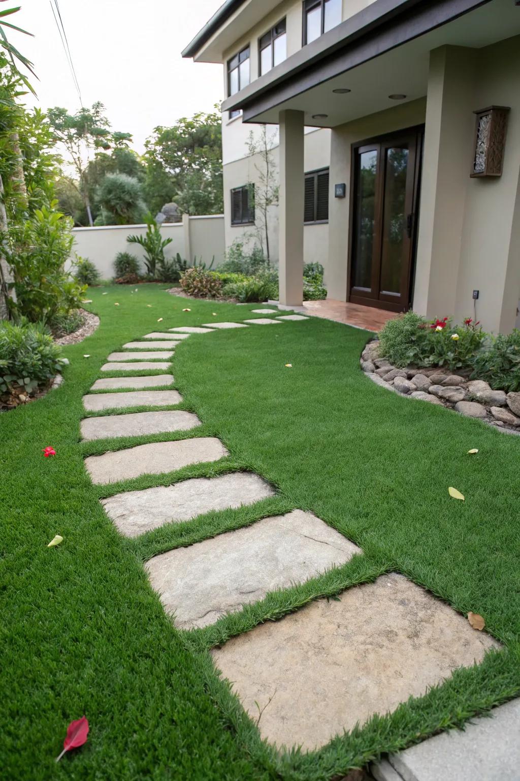 Delightful stepping stones fashion a whimsical trail through the simulated lawn.